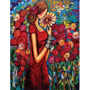 Shazly Khan, Water, Lilies, Daffodils, Daisies, Roses And Me, 18 x 24 Inch, Acrylic on Canvas, Figurative Paintings, AC-SZK-118